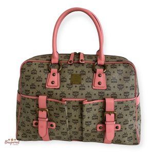 Authentic MCM Brown Pink Coated Canvas Leather Large Satchel Handbag